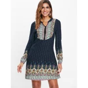 Long leeve Casual Print Dress - Midnight Blue Fansmadedirect