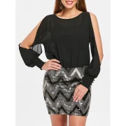 Long leeve hort equined Panel Dress - Black Fansmadedirect