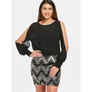 Long leeve hort equined Panel Dress - Black Fansmadedirect