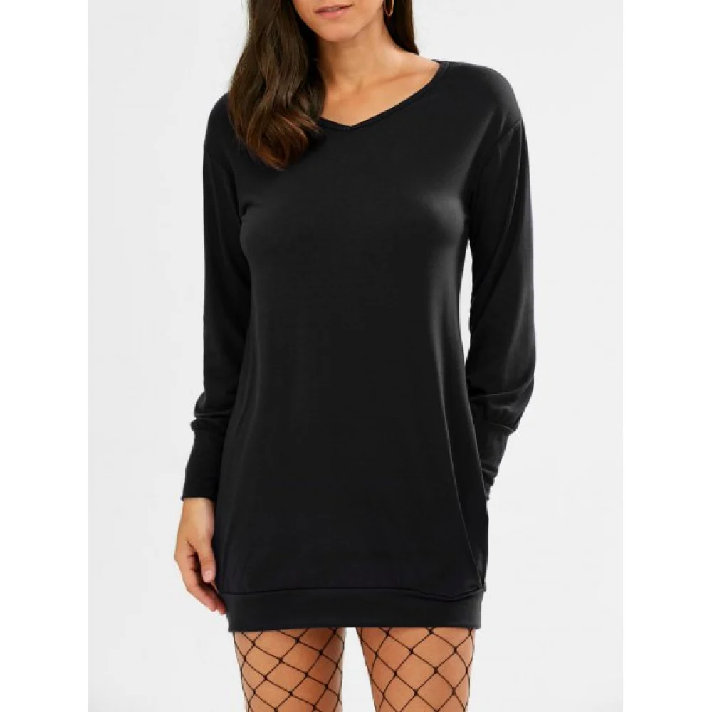 Long leeve hort Tunic T-shirt Dress - Black Fansmadedirect