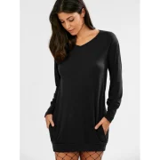 Long leeve hort Tunic T-shirt Dress - Black Fansmadedirect
