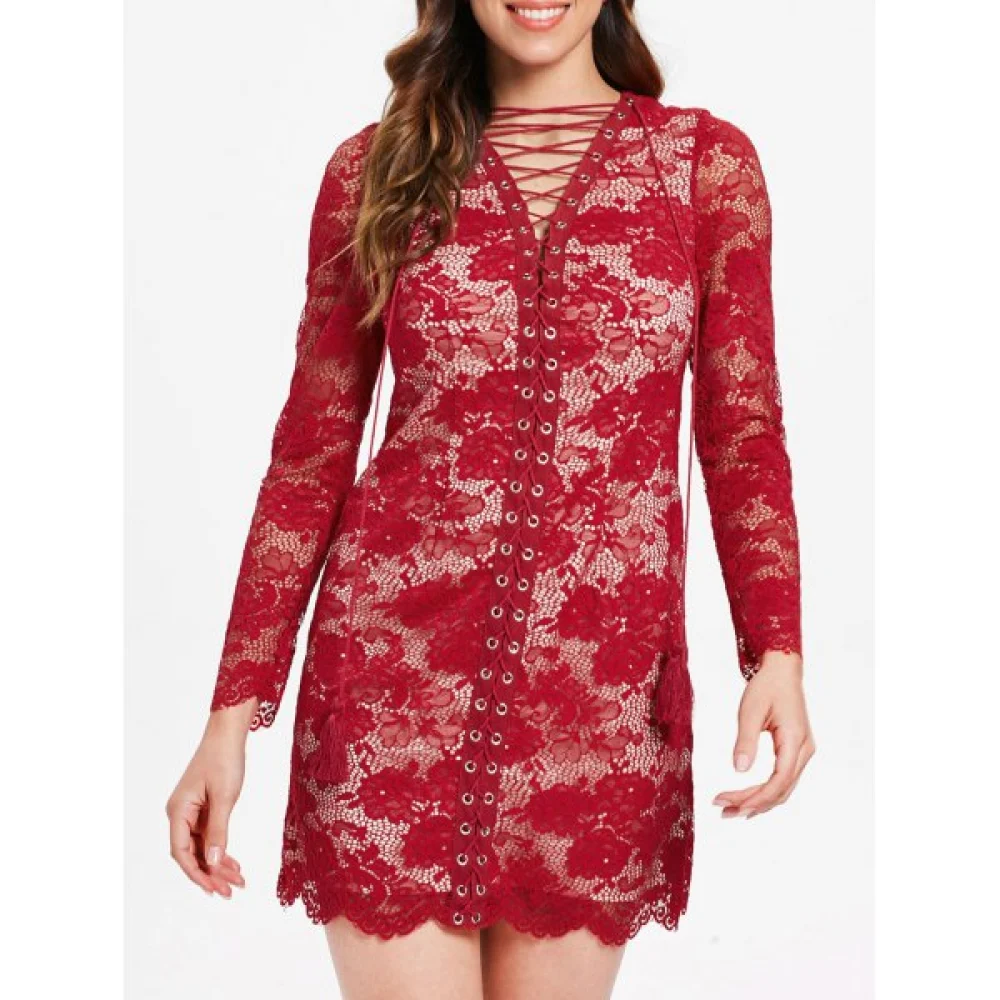 Long leeve Lacing Front Lace Dress - Red Wine Fansmadedirect