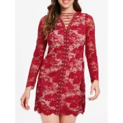 Long leeve Lacing Front Lace Dress - Red Wine Fansmadedirect