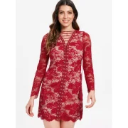 Long leeve Lacing Front Lace Dress - Red Wine Fansmadedirect