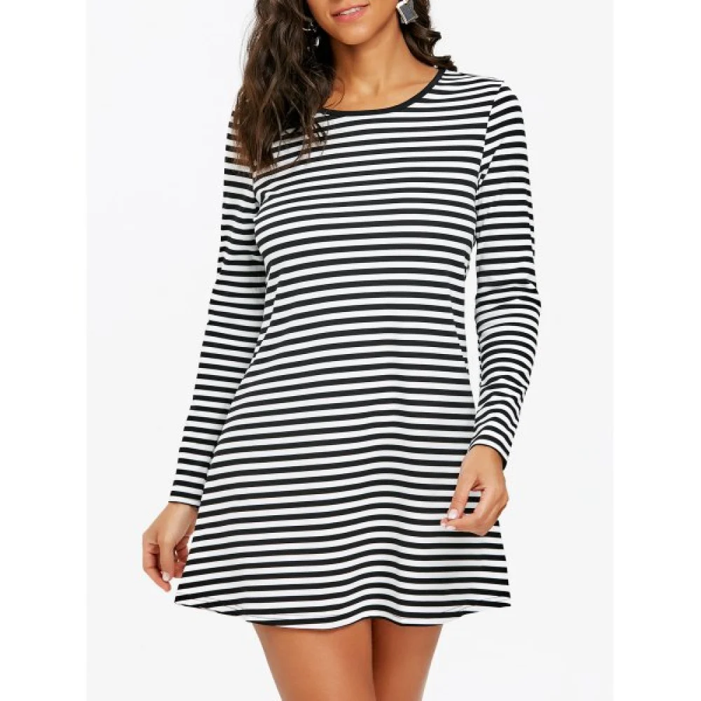 Long leeve triped Mini T-shirt Dress - Black White Fansmadedirect