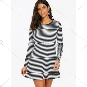 Long leeve triped Mini T-shirt Dress - Black White Fansmadedirect