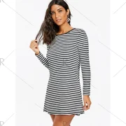 Long leeve triped Mini T-shirt Dress - Black White Fansmadedirect
