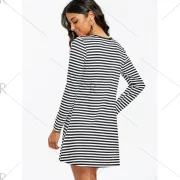 Long leeve triped Mini T-shirt Dress - Black White Fansmadedirect