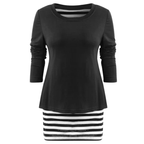 Long leeve triped Panel Plain T-shirt - Black Fansmadedirect