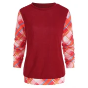 Long Sleeve Checked Panel Top - Red Fansmadedirect