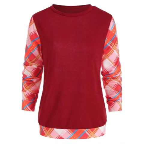 Long Sleeve Checked Panel Top - Red Fansmadedirect