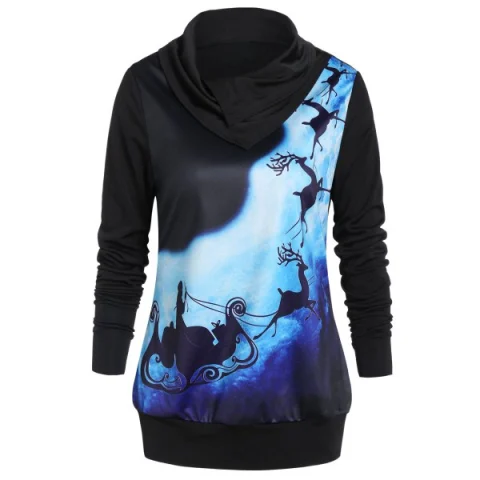 Long Sleeve Christmas Elk Printed T Shirt - Black Fansmadedirect