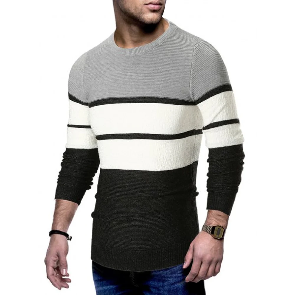 Long Sleeve Color Block Striped Sweater - Gray Fansmadedirect