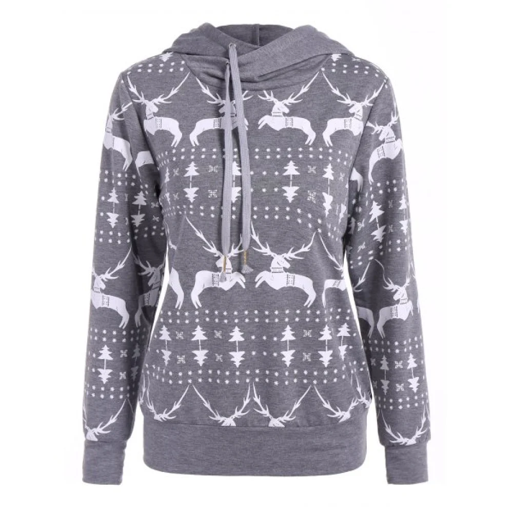 Long Sleeve Elk Print Christmas Pullover Hoodie - Gray Fansmadedirect