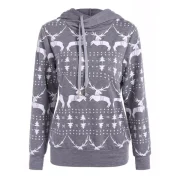 Long Sleeve Elk Print Christmas Pullover Hoodie - Gray Fansmadedirect