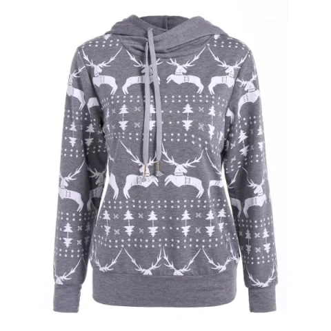 Long Sleeve Elk Print Christmas Pullover Hoodie - Gray Fansmadedirect