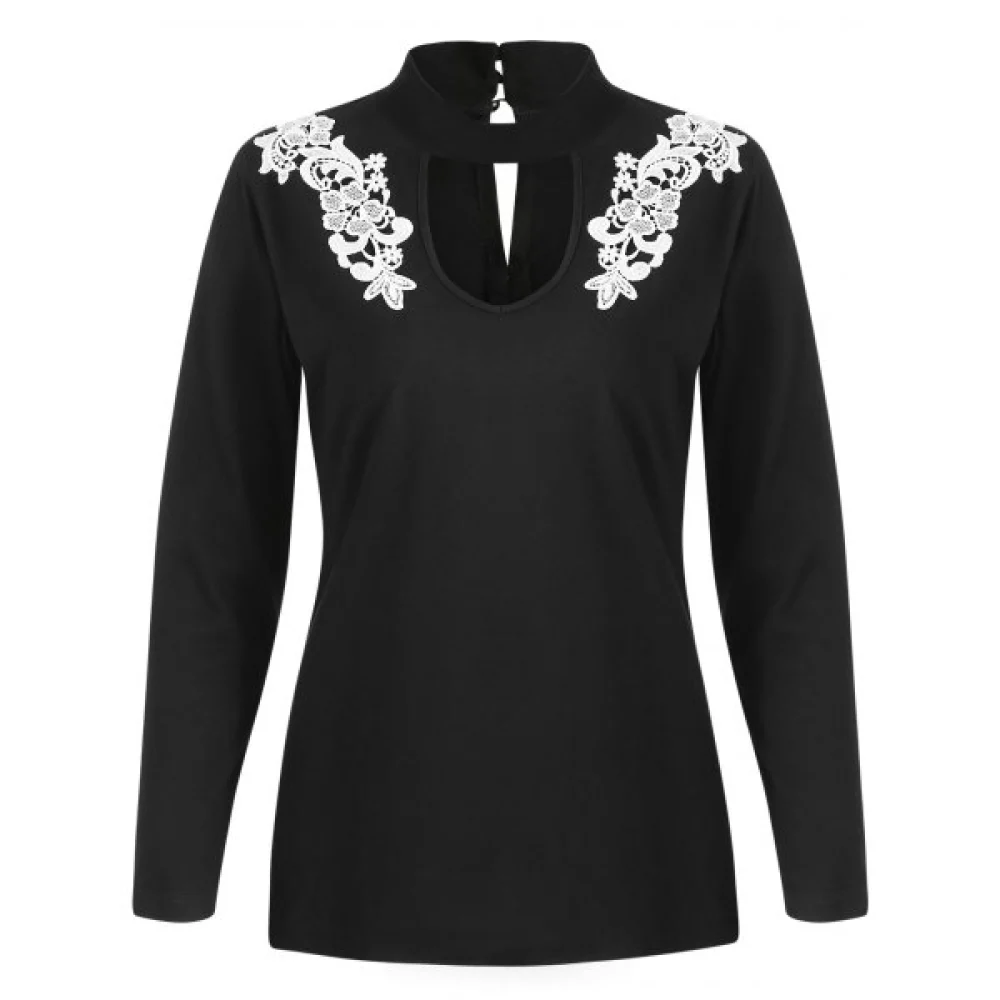 Long Sleeve Floral Applique T-shirt - Black Fansmadedirect