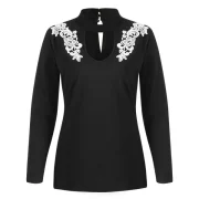 Long Sleeve Floral Applique T-shirt - Black Fansmadedirect