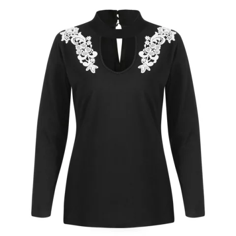 Long Sleeve Floral Applique T-shirt - Black Fansmadedirect