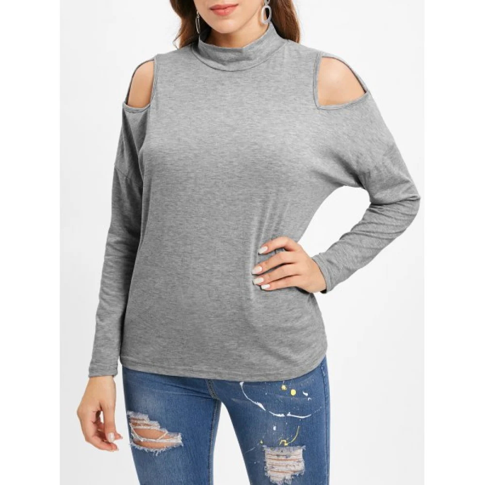 Long Sleeve High Collar Cut Out Tee - Gray Cloud Fansmadedirect