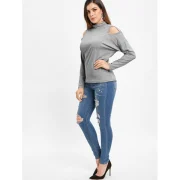 Long Sleeve High Collar Cut Out Tee - Gray Cloud Fansmadedirect