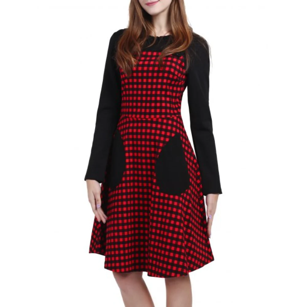 Long Sleeve Knee Length Plaid Dress - Red Fansmadedirect