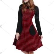 Long Sleeve Knee Length Plaid Dress - Red Fansmadedirect