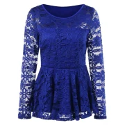 Long Sleeve Lace Skirted Blouse - Royal Blue Fansmadedirect