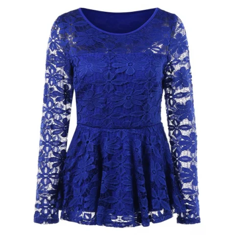 Long Sleeve Lace Skirted Blouse - Royal Blue Fansmadedirect