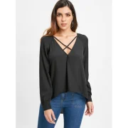 Long Sleeve Lacing Front Asymmetrical Blouse - Black Fansmadedirect