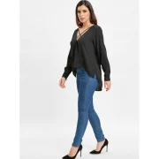 Long Sleeve Lacing Front Asymmetrical Blouse - Black Fansmadedirect