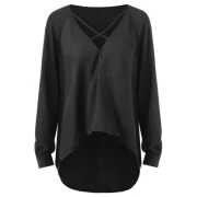 Long Sleeve Lacing Front Asymmetrical Blouse - Black Fansmadedirect