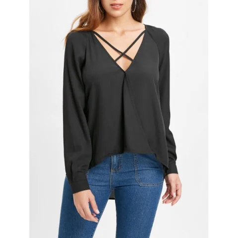 Long Sleeve Lacing Front Asymmetrical Blouse - Black Fansmadedirect