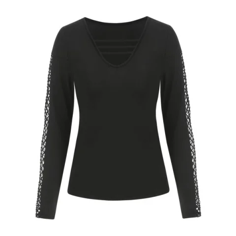 Long Sleeve Lattice Fishnet Insert T-shirt - Black Fansmadedirect