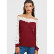 Long Sleeve Openwork Lace Insert T-shirt - Wine Red Fansmadedirect