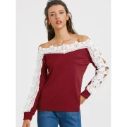Long Sleeve Openwork Lace Insert T-shirt - Wine Red Fansmadedirect
