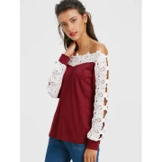 Long Sleeve Openwork Lace Insert T-shirt - Wine Red Fansmadedirect