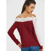 Long Sleeve Openwork Lace Insert T-shirt - Wine Red Fansmadedirect