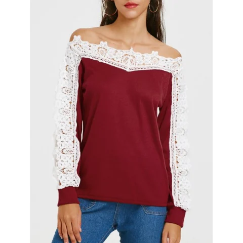 Long Sleeve Openwork Lace Insert T-shirt - Wine Red Fansmadedirect