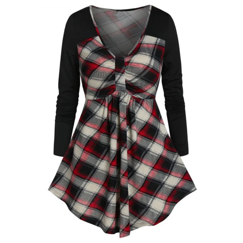 Long Sleeve Plaid Panel Plunge T Shirt - Red Wine Fansmadedirect