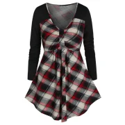 Long Sleeve Plaid Panel Plunge T Shirt - Red Wine Fansmadedirect