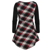 Long Sleeve Plaid Panel Plunge T Shirt - Red Wine Fansmadedirect