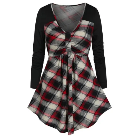 Long Sleeve Plaid Panel Plunge T Shirt - Red Wine Fansmadedirect