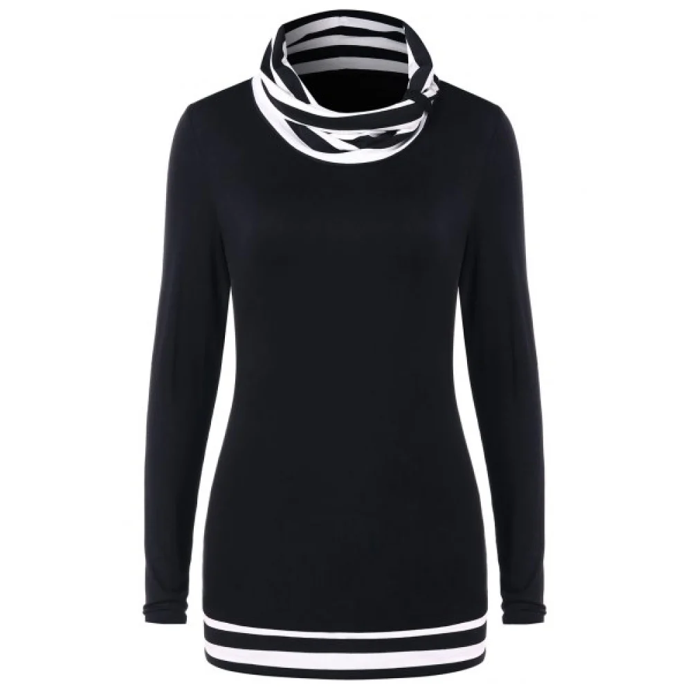 Long Sleeve Slim Fit Stripe Brim T-shirt - Black Fansmadedirect
