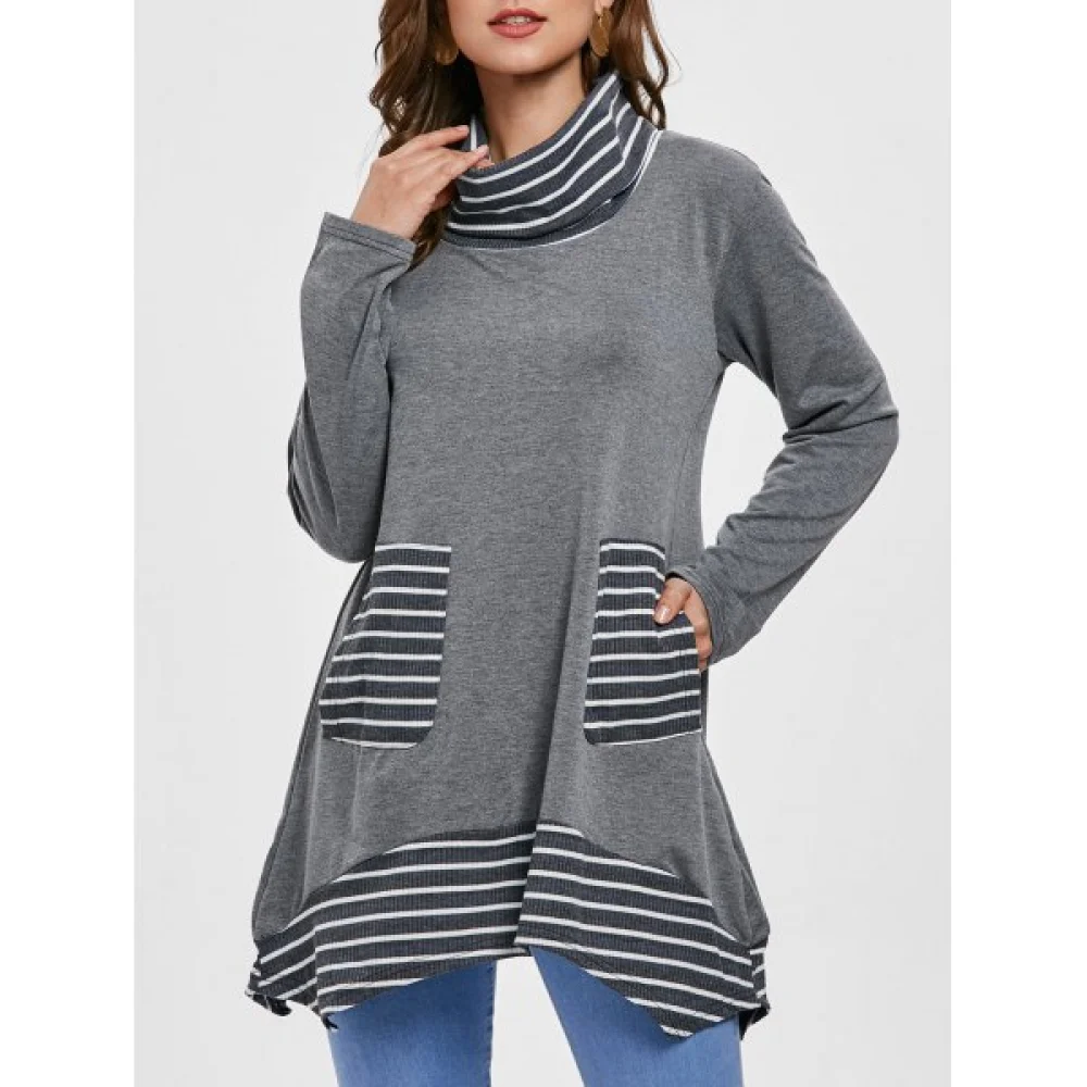 Long Sleeve Stripe Trim Turtleneck T-shirt - Gray Fansmadedirect
