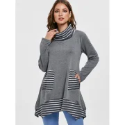 Long Sleeve Stripe Trim Turtleneck T-shirt - Gray Fansmadedirect