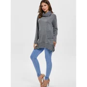 Long Sleeve Stripe Trim Turtleneck T-shirt - Gray Fansmadedirect