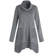 Long Sleeve Stripe Trim Turtleneck T-shirt - Gray Fansmadedirect