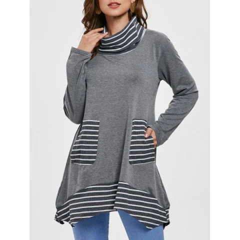 Long Sleeve Stripe Trim Turtleneck T-shirt - Gray Fansmadedirect