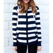 Long Sleeve Striped Zippered Women's Hoodie - Blue And White Fansmadedirect